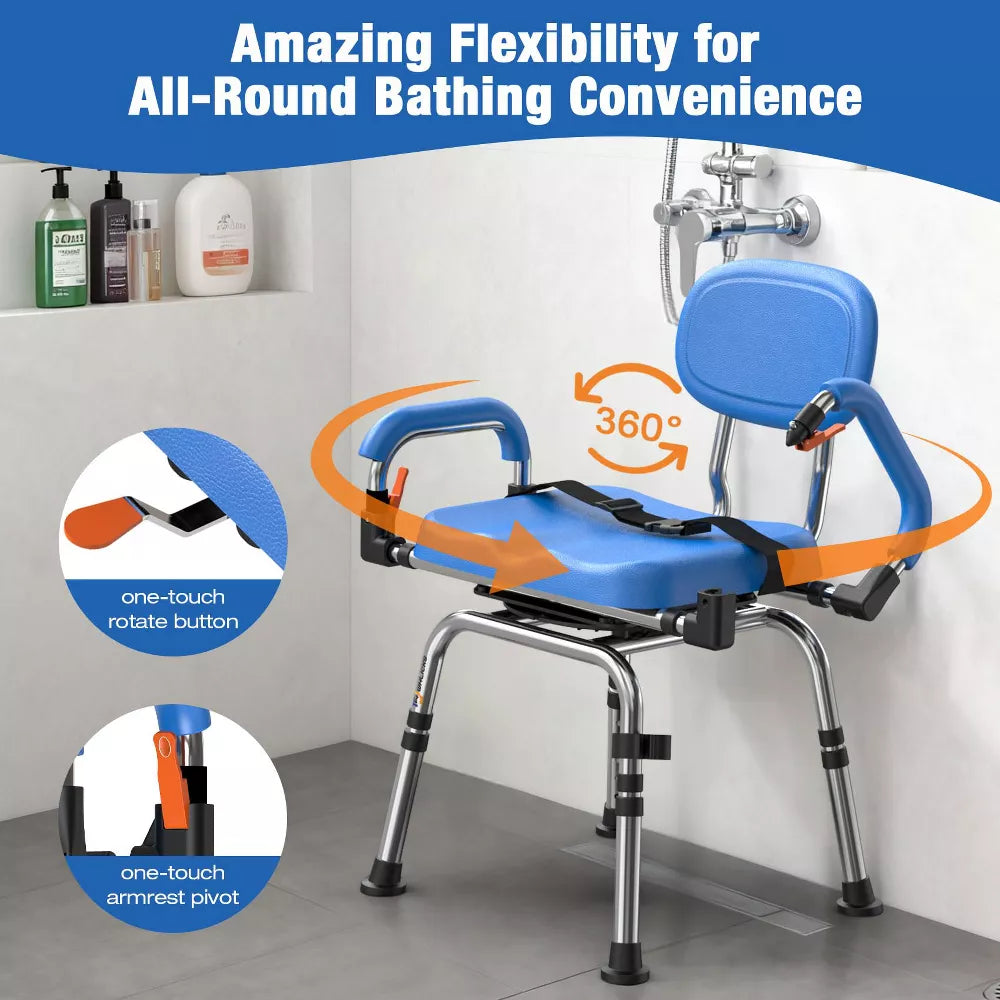 WHLICKS 360° Swivel Shower Chair with Arms & Back, Adjustable Height Shower Seat for Seniors & Disabled, Padded Shower Chair for Bathtub