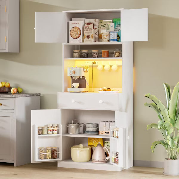 Qwatto 71'' Tall White Farmhouse Kitchen Pantry Storage Cabinet Freestanding Microwave Stand with Hutch Doors Drawers for Dining Room Furniture