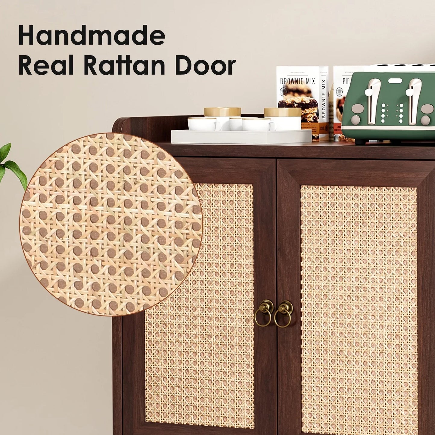 Farini Sideboard Buffet Cabinet Bar Cabinets with Rattan Decorated Doors(Walnut)
