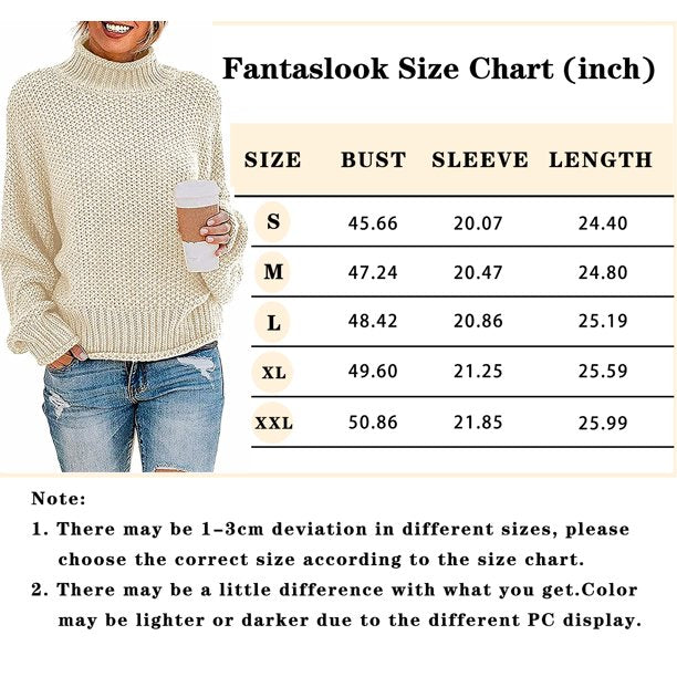 Fantaslook Sweaters for Women Turtleneck Batwing Sleeve Oversized Chunky Knitted Pullover Sweaters Jumper Tops