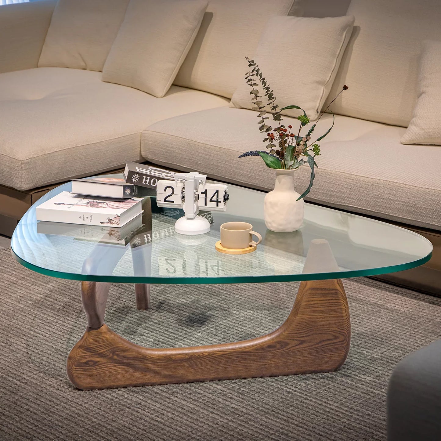 Furgle 50" Triangle Glass Coffee Table with Wood Base for Living Room Office, Light Walnut