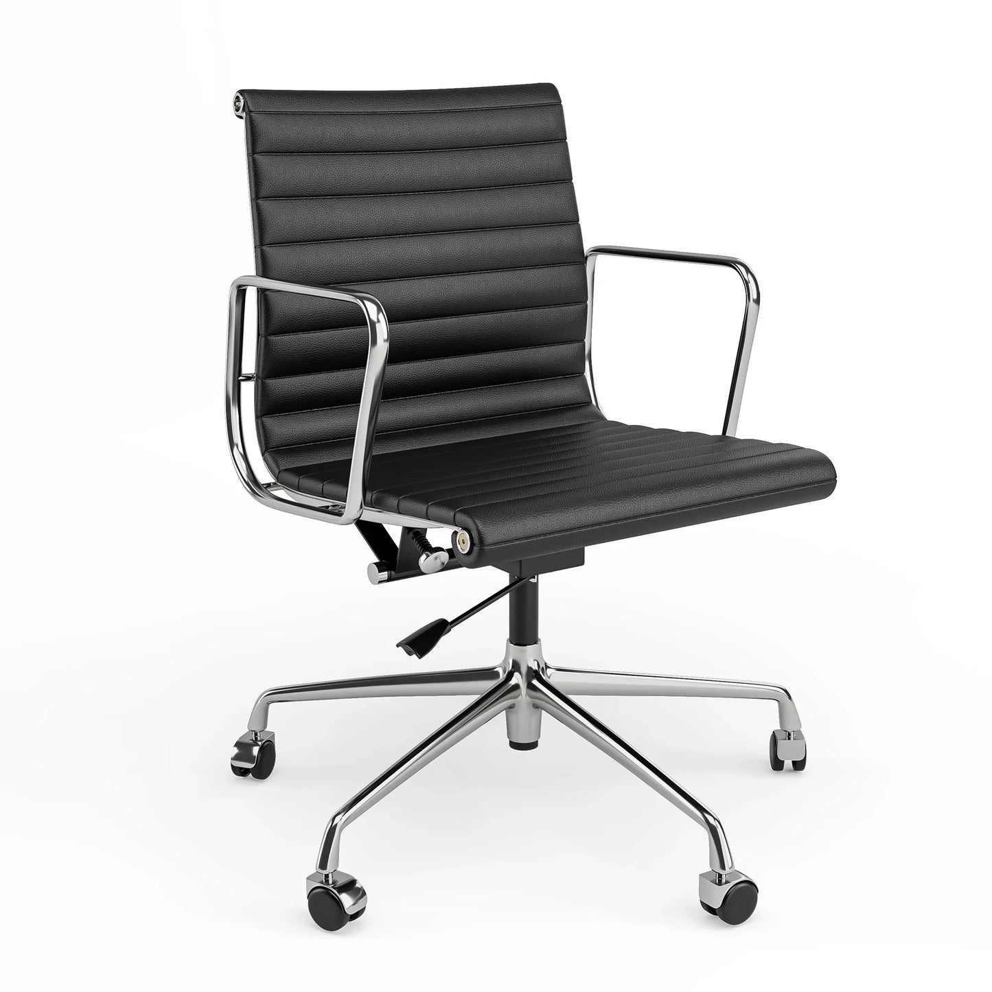 Ribbed Genuine Leather Office Chair, Mid Back, Adjustable Ergonomic Computer Chair for Home Office Use, Black