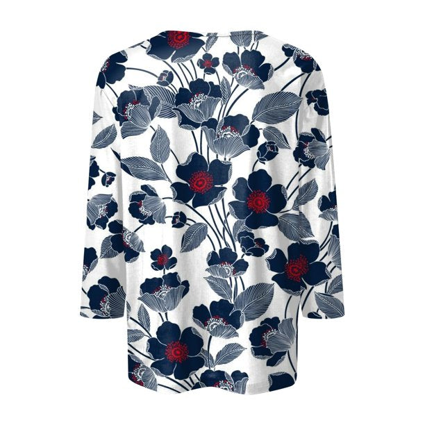 Apepal Women's Floral Print 3/4 Sleeve Blouse Tops Ladies Casual Office Work Crew Neck T-Shirt Gray XL