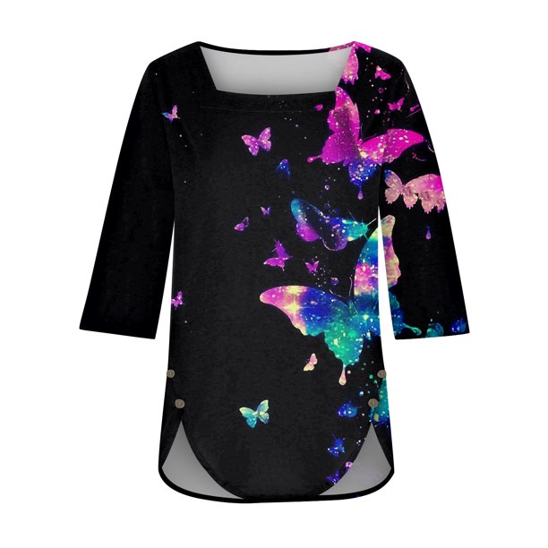 Apepal Square Neck T Shirts for Women Casual Puff 3/4 Sleeve Shirts Summer Tops Black 3XL