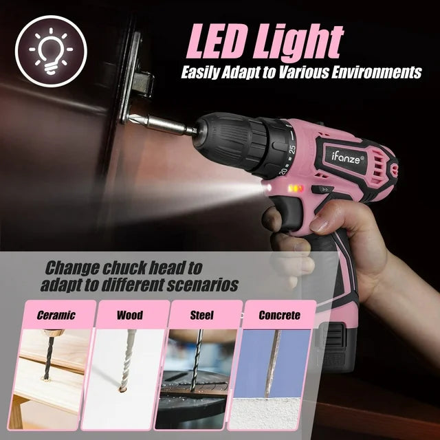 IFANZE 12V Cordless Drill, 3/8'' Keyless Chuck 2 Variable Speeds Electric Power Drill with Battery and Charger, Pink
