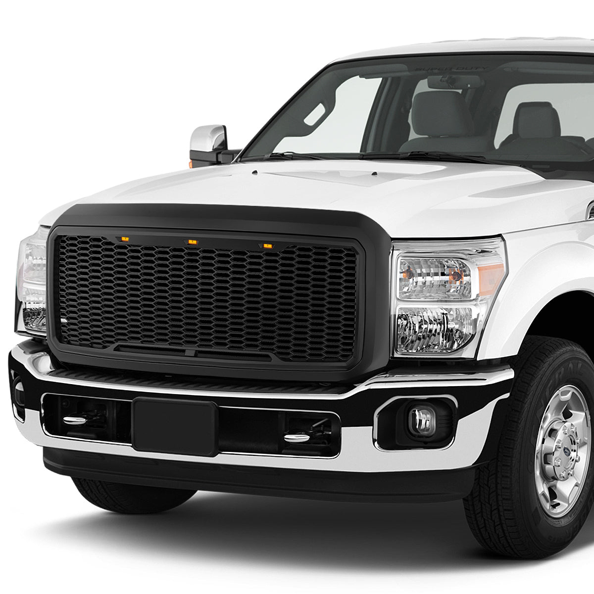 11-16 Ford F250 F350 F450 F550 Super Duty Front Grille+LED - Honeycomb Mesh - Matte Black