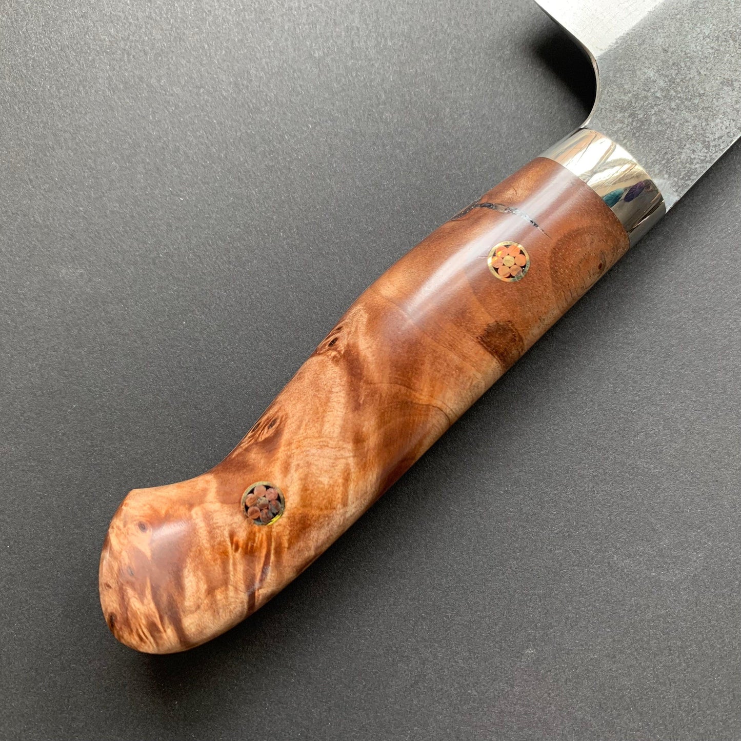 Santoku knife, Aogami Super with stainless steel cladding, Western style Maple wood handle, Kurouchi finish - Kato