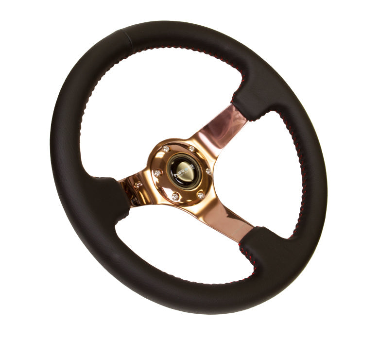 350mm 3 in. Deep Dish Rose Gold Spoke Leather Steering Wheel - ST-036RG