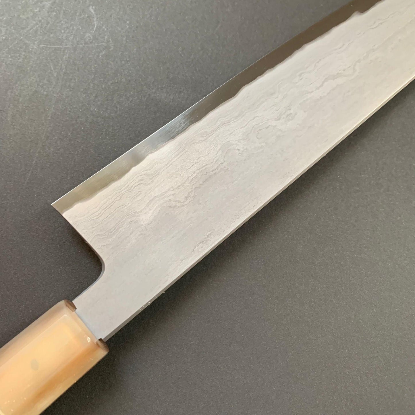 Kiritsuke Knife, Aogami 2, Wrought Iron cladding, Metal Flow range, Damascus finish - Tetsujin Hamono