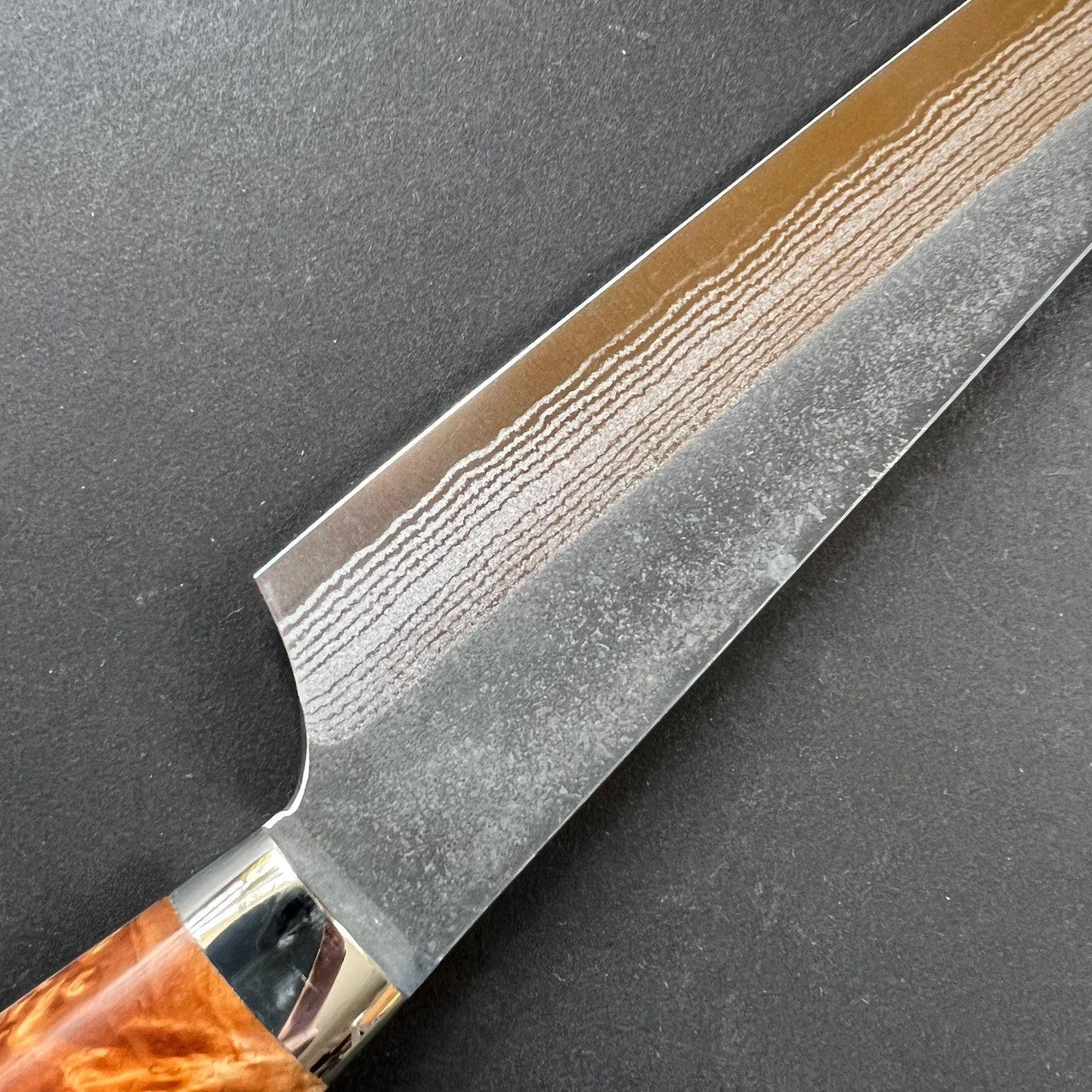 Sujihiki knife, Aogami Super with stainless steel cladding, Western style Maple wood handle, Kurouchi finish - Kato