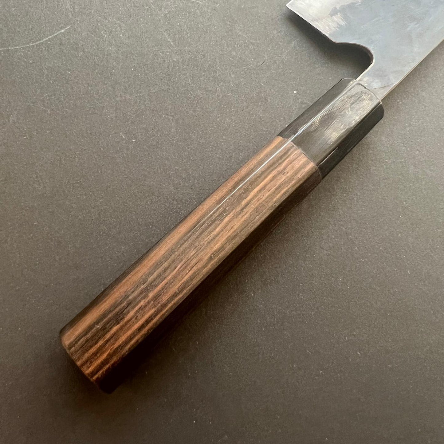 Santoku knife, Aogami super with stainless steel cladding, Tsuchime Kurouchi finish, Denka range, Ebony wood handle - Fujiwara