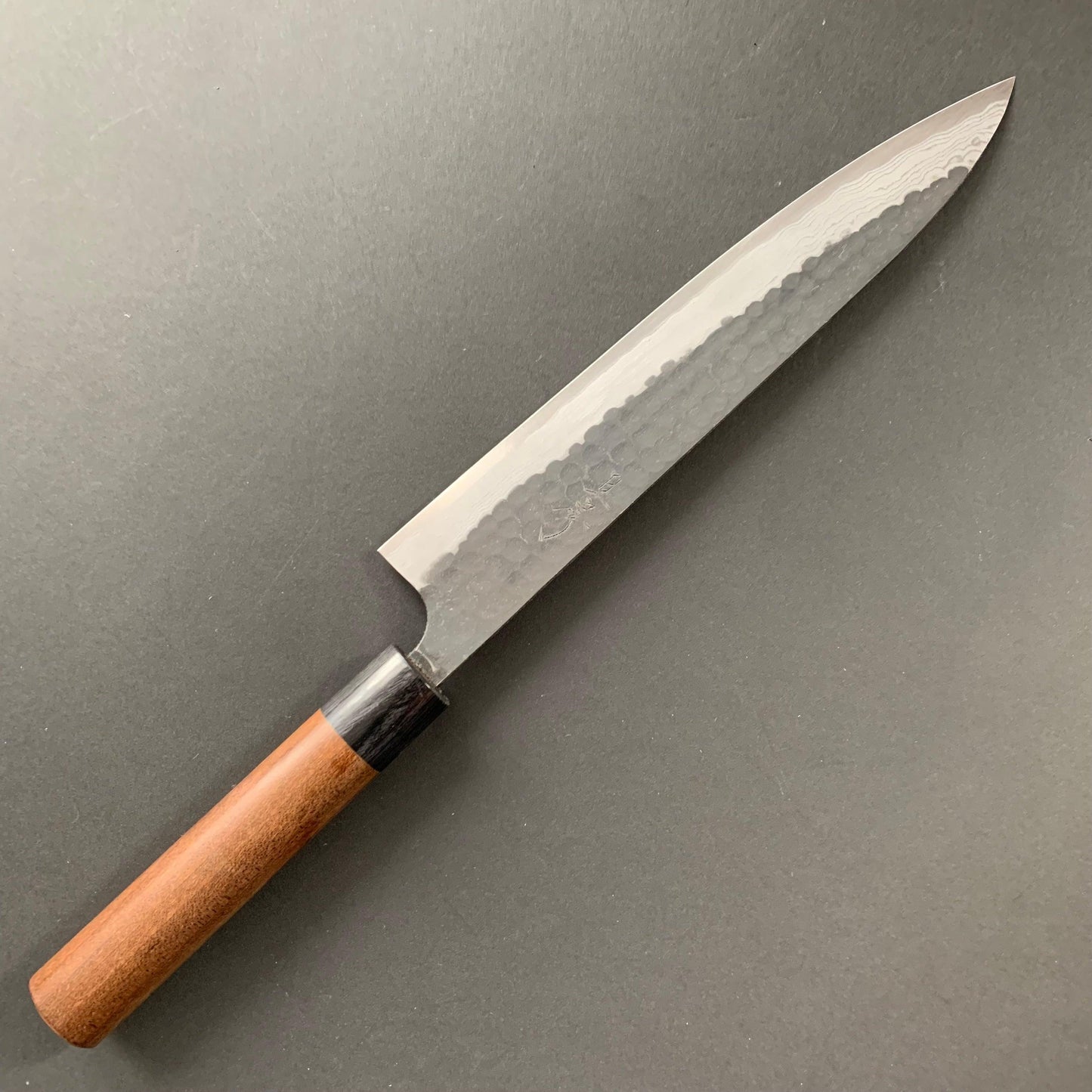 Sujihiki knife, Aogami Super carbon steel, Kurouchi Tsuchime and damascus finish - Akifusa