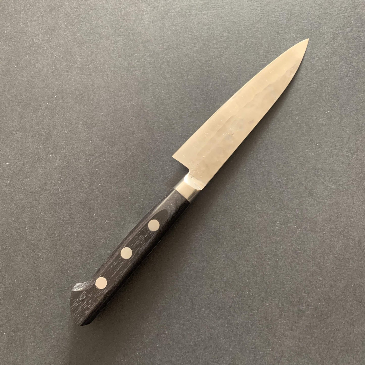 Petty knife, Shirogami 1 with stainless steel cladding, nashiji finish, Maboroshi range, western handle - Fujiwara