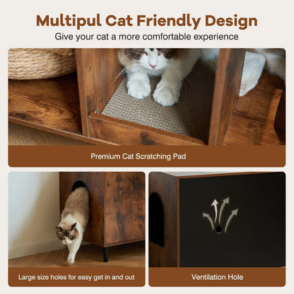 JanflyHome Litter Box Enclosure, MDF-Boards, Cat Litter Box Furniture with Scratching Board, Brown