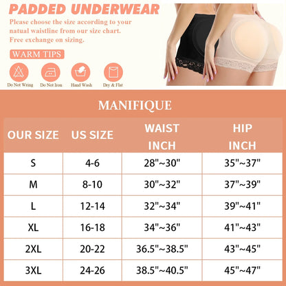 MANIFIQUE Padded Underwear for Women Butt Lifter Seamless Booty Pads Butt Enhancer Panties Lace Shapewear Boyshorts