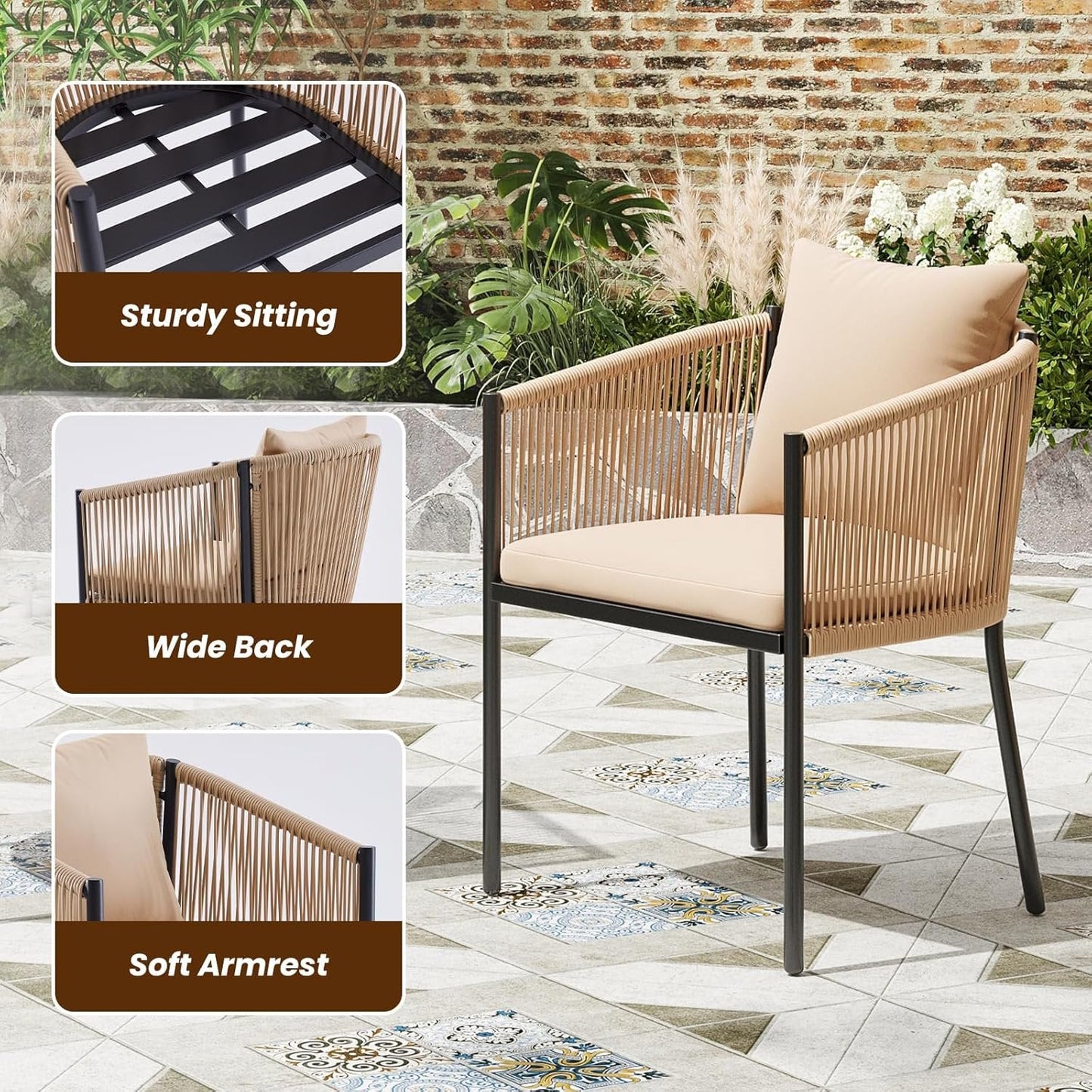 Farini 5 Pieces Outdoor Dining Set, Patio Table and Chairs Set with 4 Rattan Wicker Patio Chair Cushions and 1 Outdoor Table Plastic Wooden Top for Lawn, Deck Backyard, Poolside