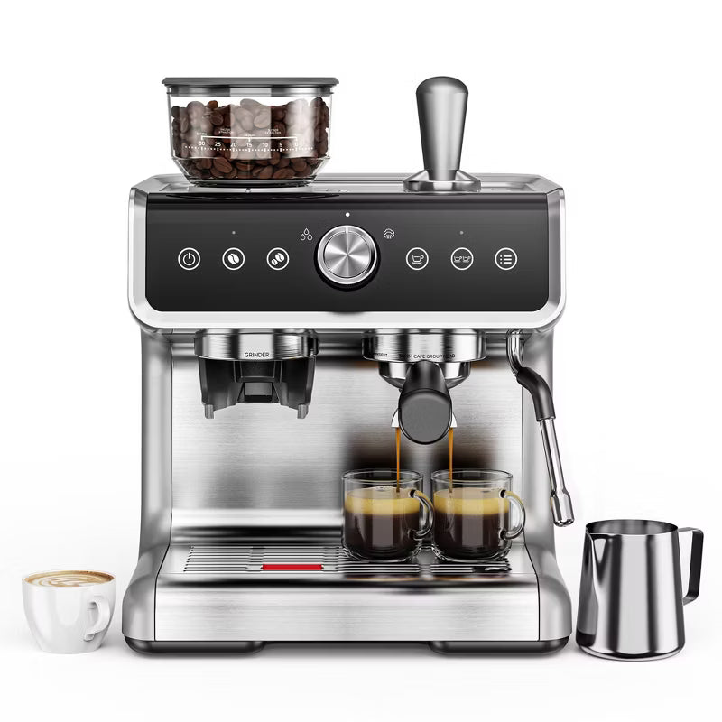 EUHOMY Espresso Machine with Grinder, 15 Bar Coffee Maker with Milk Frother Steamer Wand, Removable Water Tank, Silver