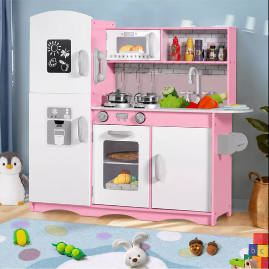 Wooden Kids Play Kitchen, Toy Kitchen Playset, w/Oven, Microwave, for Boys Girls Age 3+