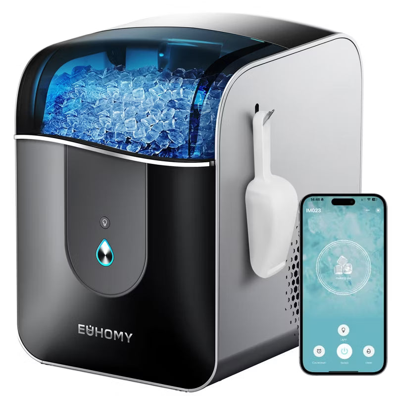 EUHOMY Smart Nugget Ice Maker Countertop, 40 Lbs/Day, APP Remote Control & LED Indicator, Self-Cleaning, Compact Design with Scoop, Black