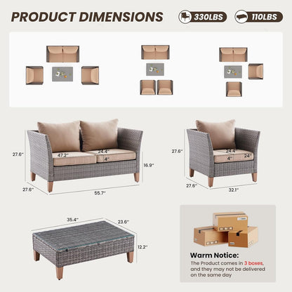 Farini Outdoor Wicker conversation sets, 4 Pieces Patio Furniture Sofa Set with Coffee Table, All Weather for Garden, Backyard, Balcony (Dark Gray)