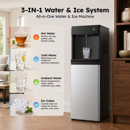 Simzlife Water Dispenser with Ice Maker, Bottom-Loading, 33 Lbs Bullet Ice, Hot/Cold/Ambient Water, Auto-Shutoff & Child Lock & Dry-Boil Protection
