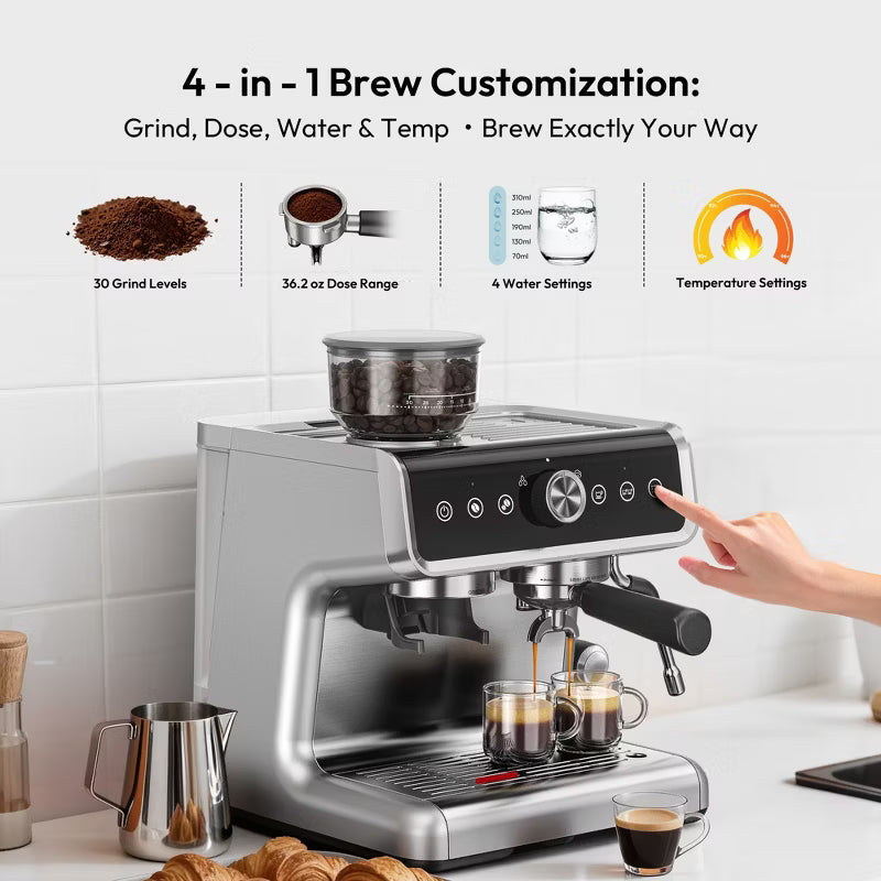 EUHOMY Espresso Machine with Grinder, 15 Bar Coffee Maker with Milk Frother Steamer Wand, Removable Water Tank, Silver