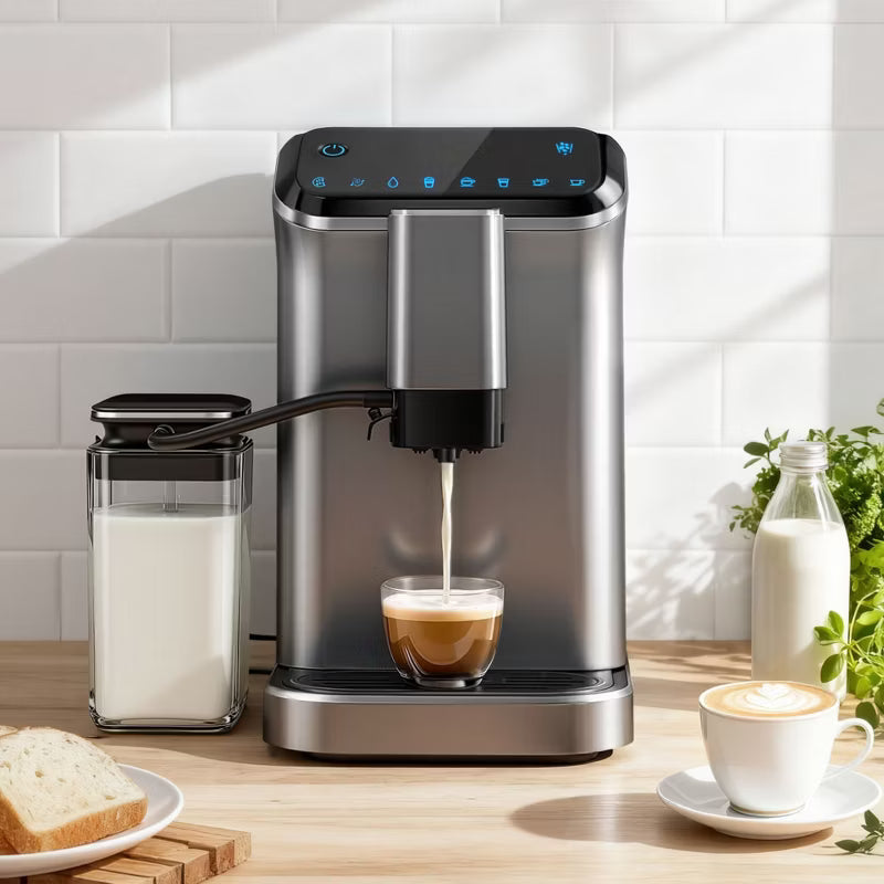 EUHOMY 20 Bar Fully Automatic Coffee and Espresso Machine with Milk Frother & Smart Touchscreen, Self-cleaning, Removable Water Reservoir, Silver