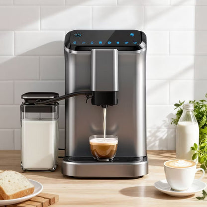 EUHOMY 20 Bar Fully Automatic Coffee and Espresso Machine with Milk Frother & Smart Touchscreen, Self-cleaning, Removable Water Reservoir, Silver
