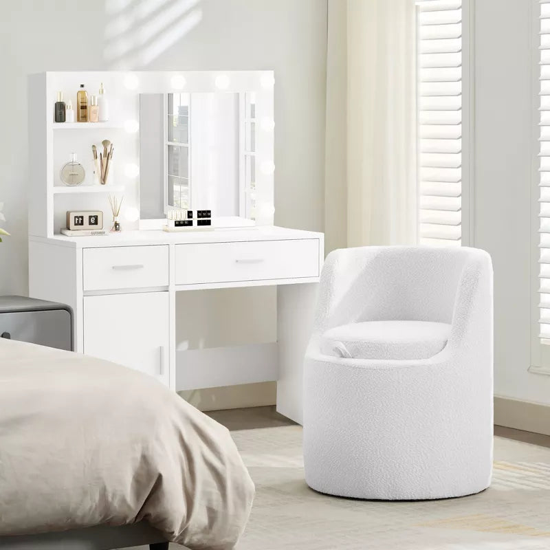 HYLEORY Makeup Ottoman with Storage, Upholstered Vanity Stool with Foldable Backrest Modern Cylindrical Footrest Stool for Living Room Bedroom