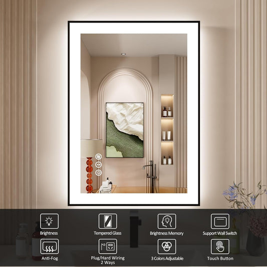 Swafrrt 20 X28 Anti fog LED Lighted Bathroom Wall Mirror with Black Frame, Dual Light Source and Three Lighting Modes, Shatterproof, Memory