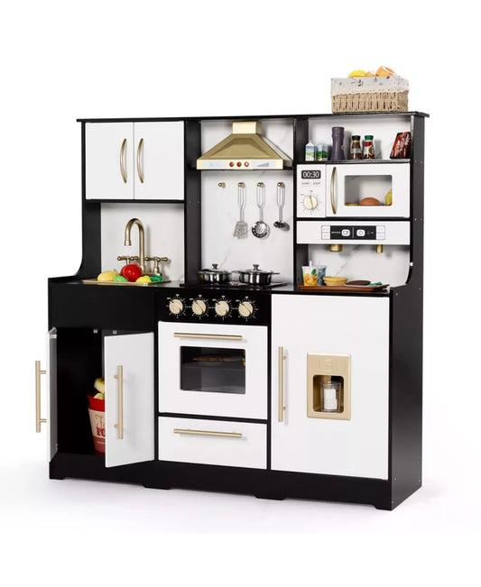 Wooden Play Kitchen Set with Coffee Machine, Sink, Ice Maker and Kitchen Hood