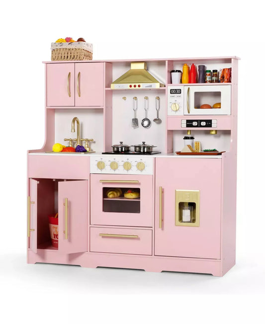 Wooden Play Kitchen Set with Coffee Machine, Sink, Ice Maker and Kitchen Hood