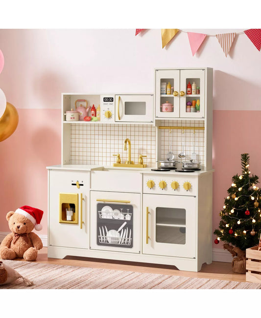 Kids Play Kitchen, Wooden Toy Kitchen Playset for Toddler, Pretend Oven, Microwave, Kitchen Sets for Age 3+
