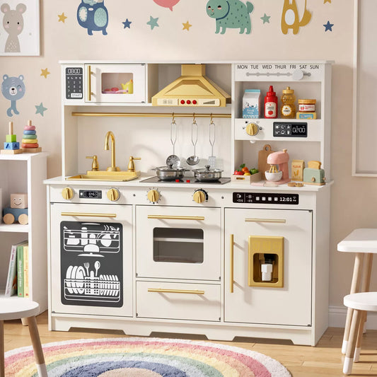 Kids Play Kitchen, Wooden Toy Kitchen Playset for Toddler, Pretend Oven, Microwave, Kitchen Sets for Age 3+