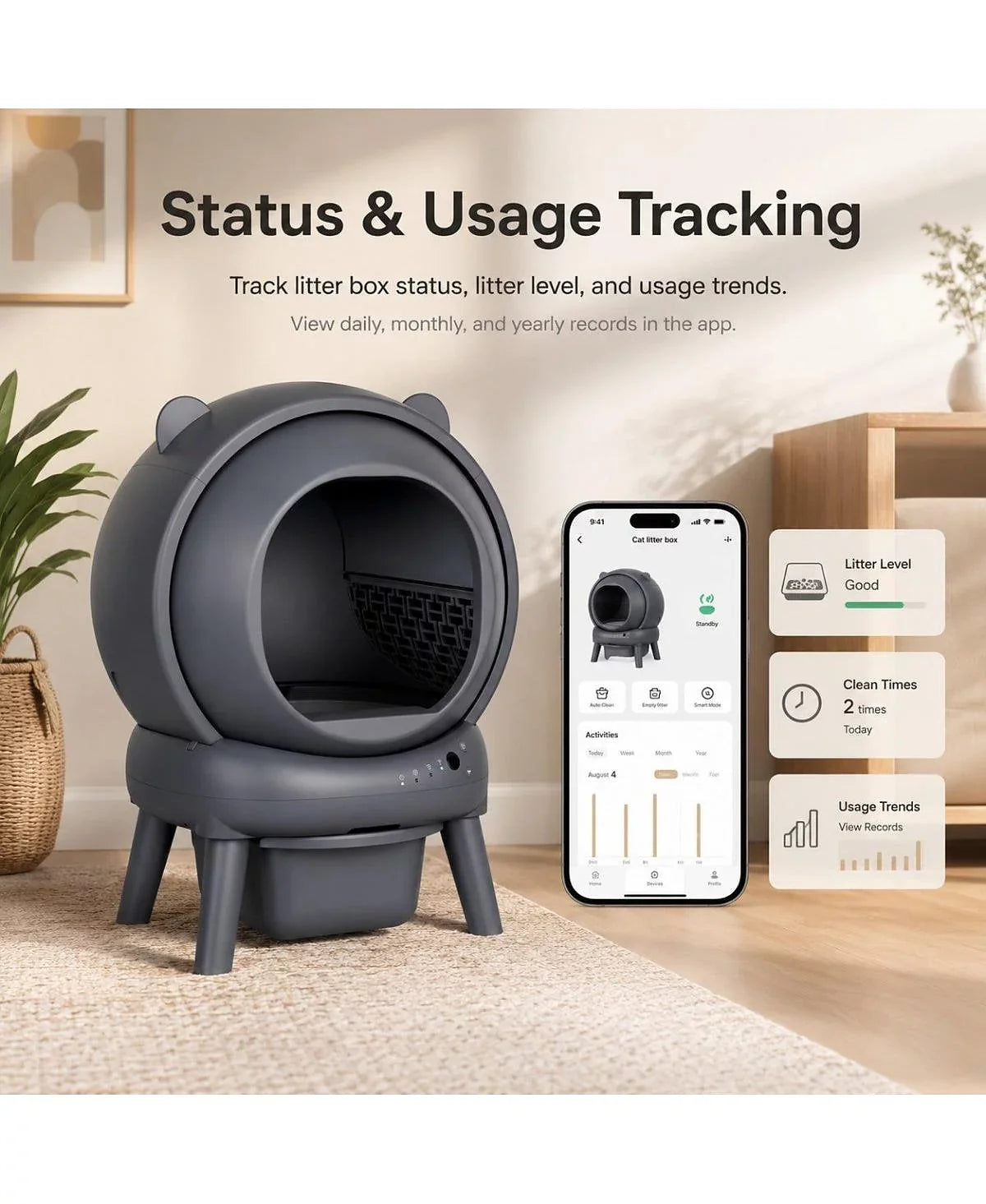 App Controlled Self-Cleaning Litter Box with Quiet Operation & Odor Management