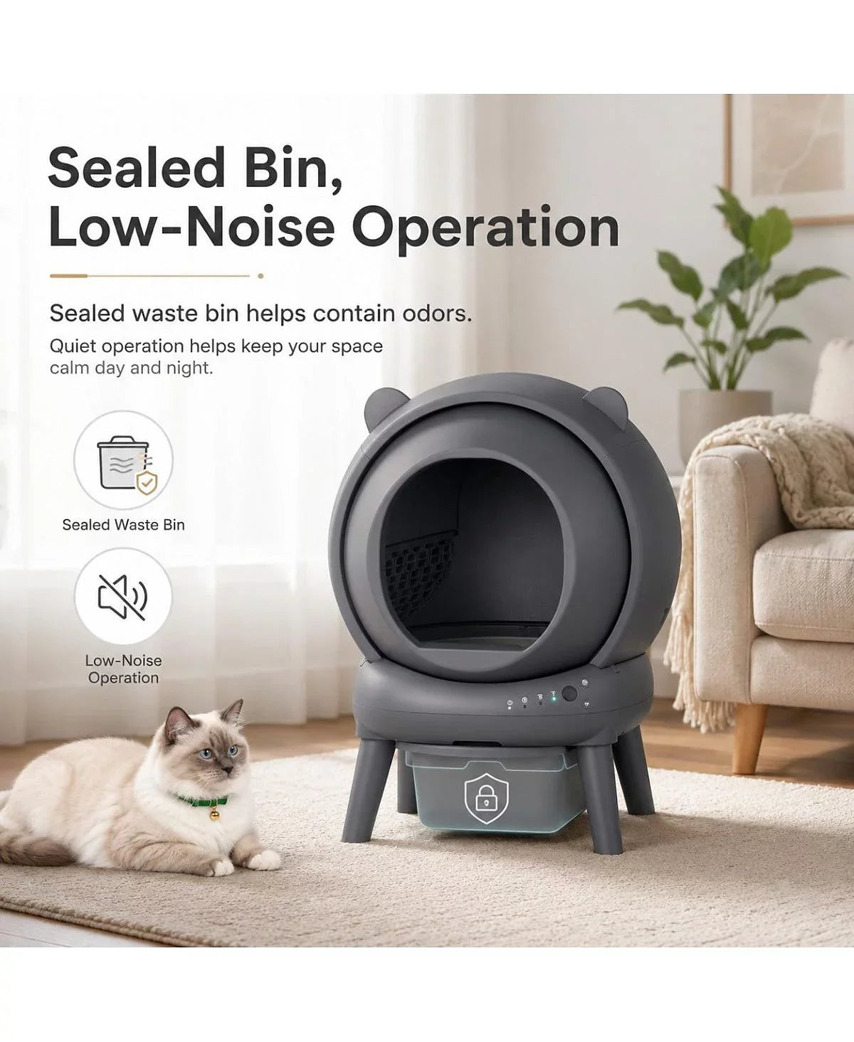 App Controlled Self-Cleaning Litter Box with Quiet Operation & Odor Management