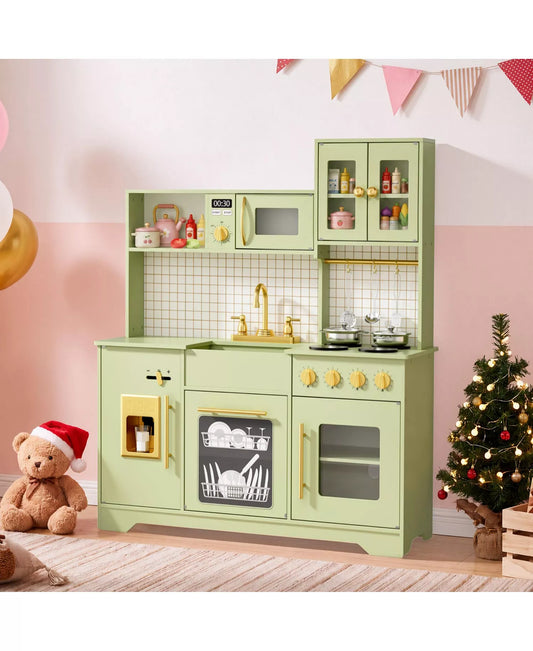 Kids Play Kitchen, Wooden Toy Kitchen Playset for Toddler, Pretend Oven, Microwave, Kitchen Sets for Age 3+