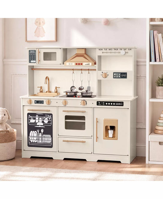 Kids Play Kitchen, Wooden Toy Kitchen Playset for Toddler, Pretend Oven, Microwave, Kitchen Sets for Age 3+