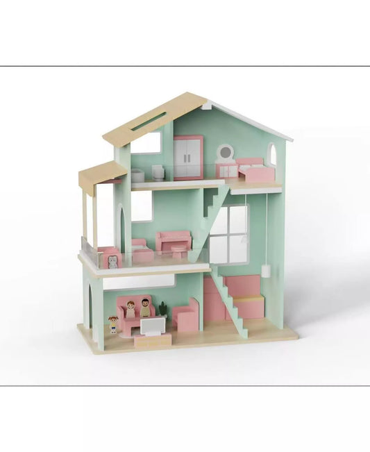 Wooden Dollhouse Playset with 35 Interactive Furniture Accessories for Pretend Play, Green