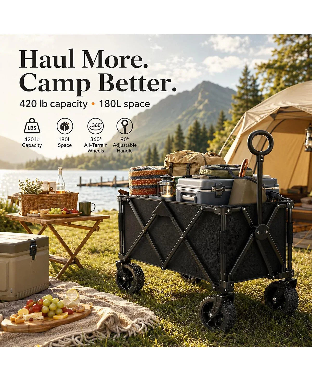 Collapsible Folding Wagon Cart with All Terrain Wheels 420 lb Capacity Utility Wagon