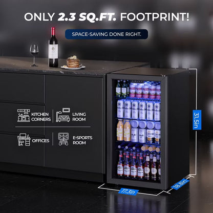 Simzlife 3.2 cu. ft. 130 Cans Beverage Refrigerator, Reversible Glass Door & LED Light, Adjustable temperature, Removable Shelves, Black