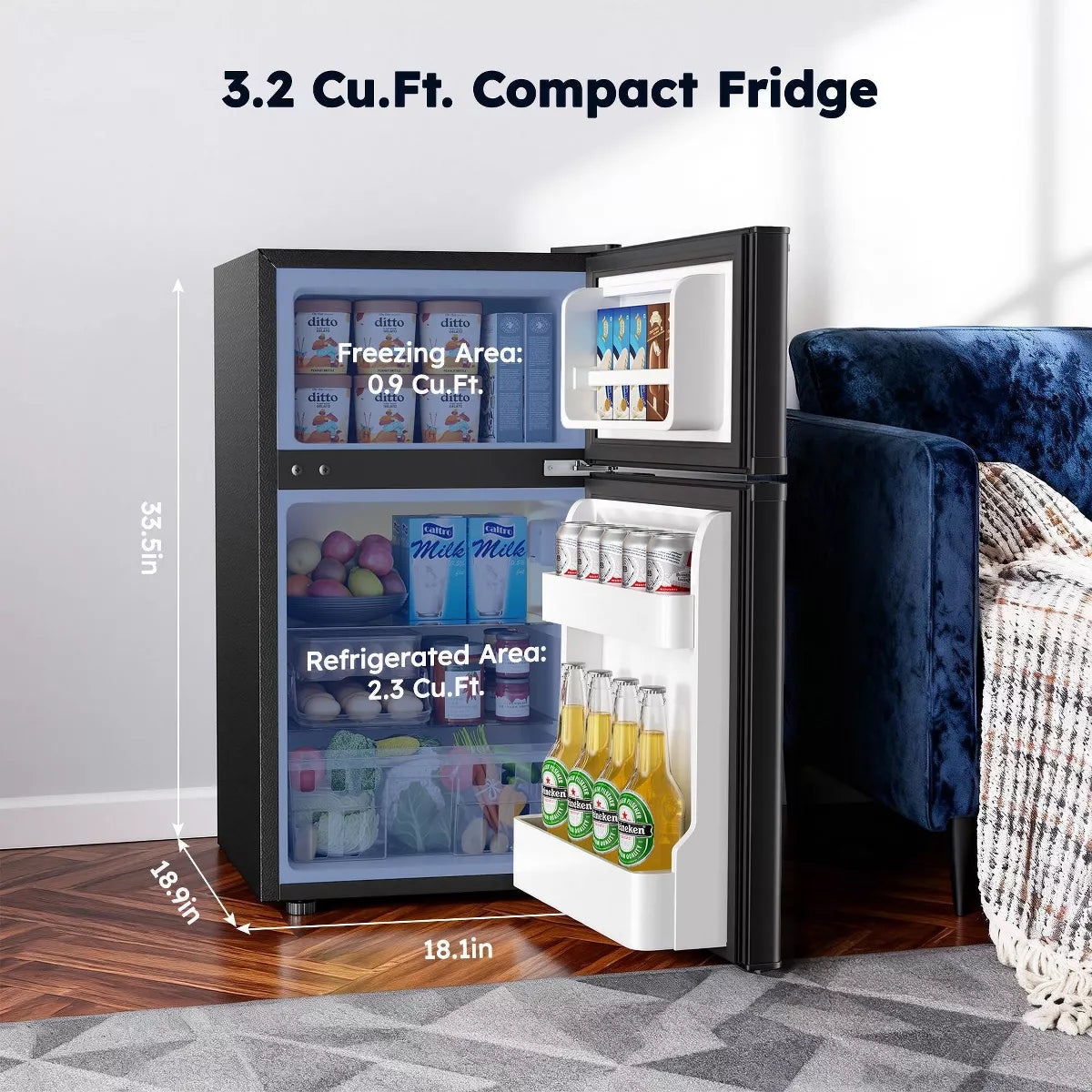 EUHOMY 3.1 cu ft Mini Refrigerator Stainless Steel Black