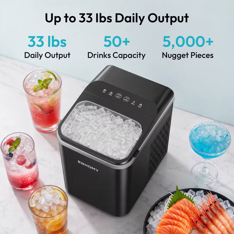 EUHOMY 26.5lbs Nugget Ice Maker Countertop with Auto-Cleaning Black
