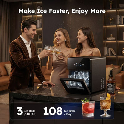 Simzlife Clear Ice Ball Maker Countertop, 3 pcs in 40 Mins, 108 pcs/Day, 2.4" Sphere Ice Maker Machine, Self-Cleaning, for Whiskey & Bourbon, Black