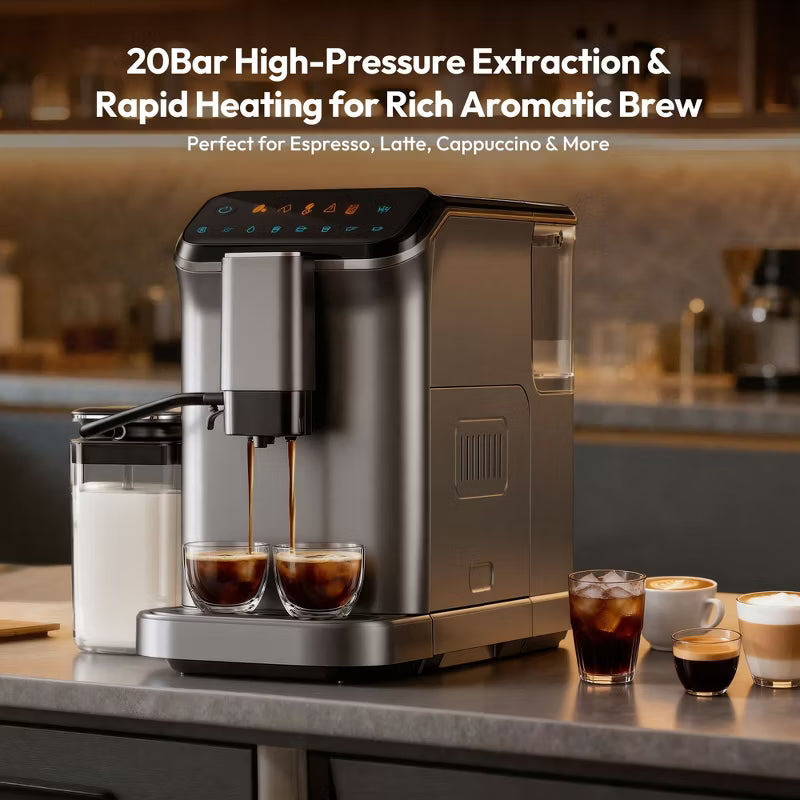 EUHOMY 20 Bar Fully Automatic Coffee and Espresso Machine with Milk Frother & Smart Touchscreen, Self-cleaning, Removable Water Reservoir, Silver