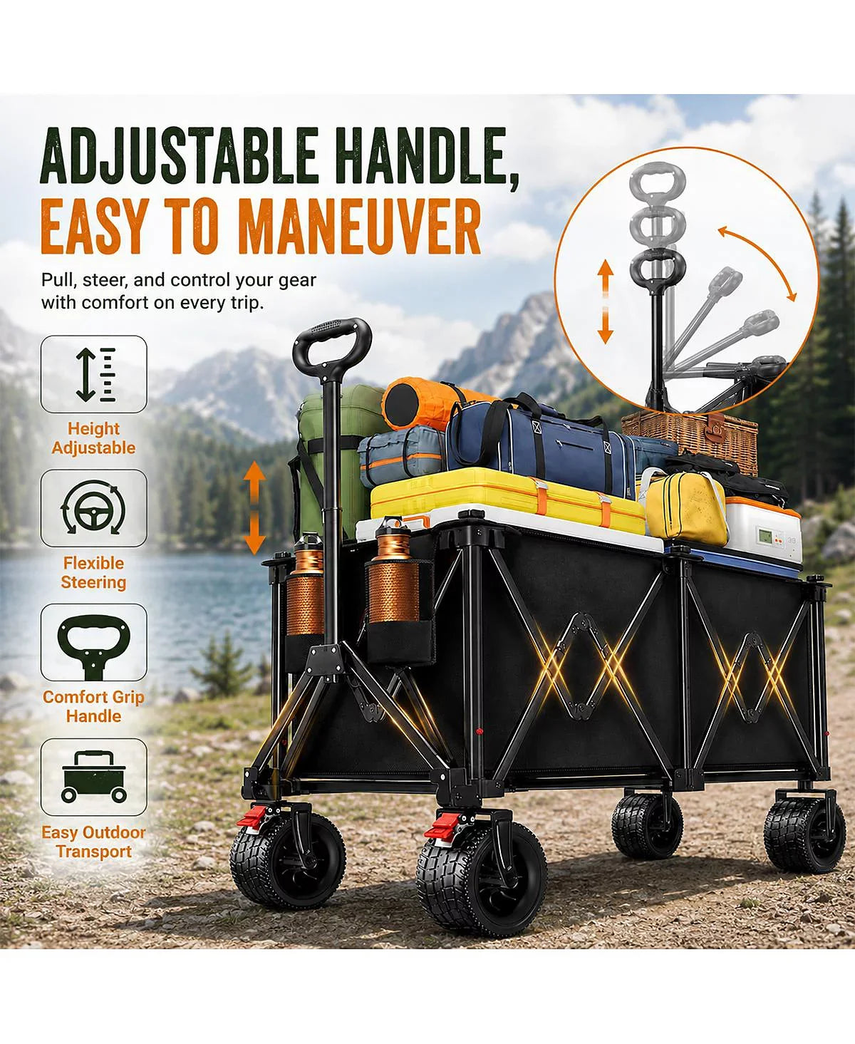 Folding Utility Wagon, 330L Collapsible Cart with All-Terrain Wheels for Camping Beach Garden