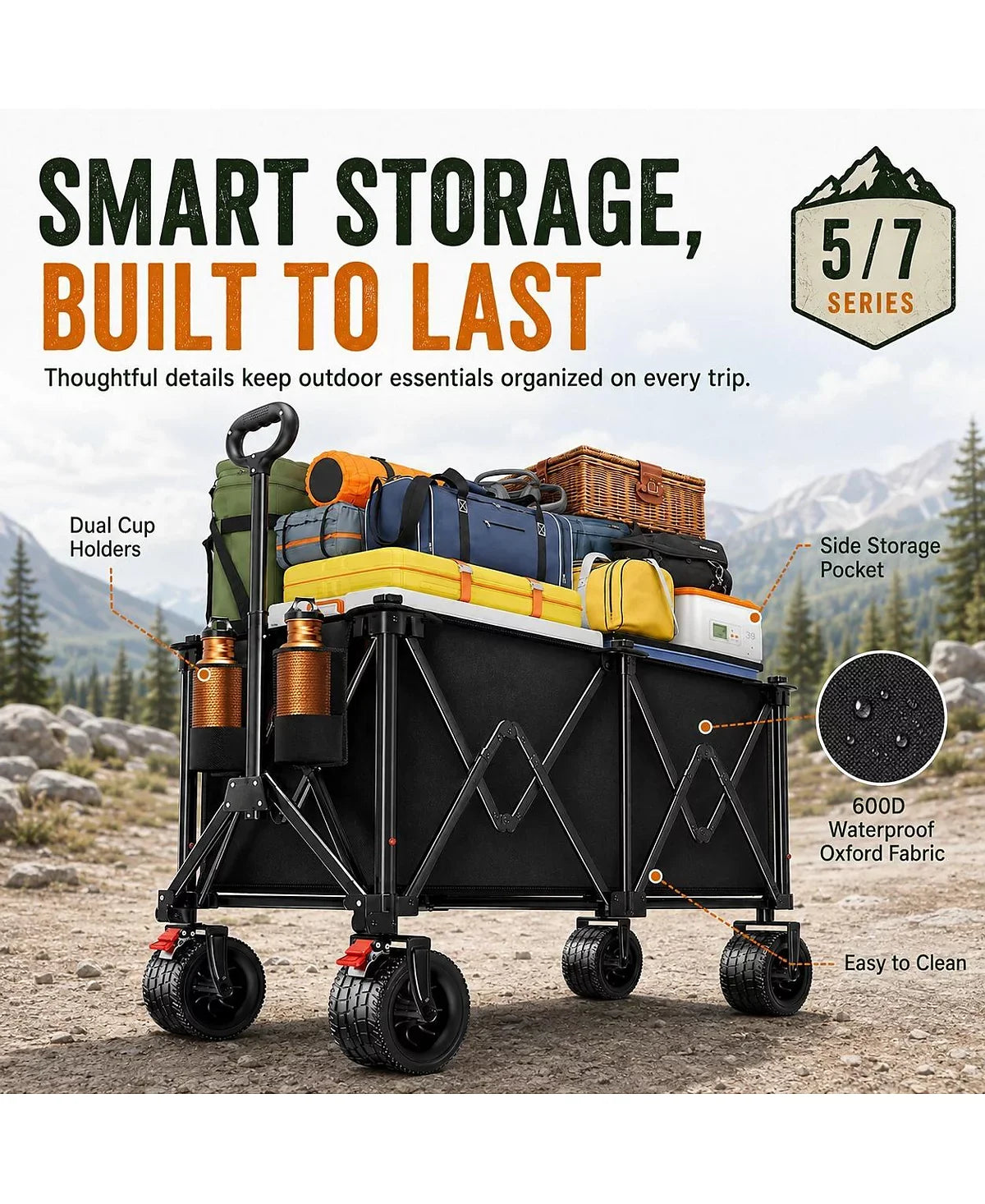 Folding Utility Wagon, 330L Collapsible Cart with All-Terrain Wheels for Camping Beach Garden