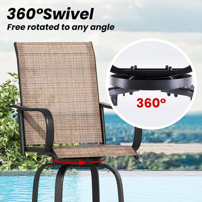 Farini Outdoor Bar Stools Set of 2, 360°Swivel Patio Barstools with Textile Fabric,Ergonomic Comfort Bar Height Tall Outdoor Stools for Balcony,Brown