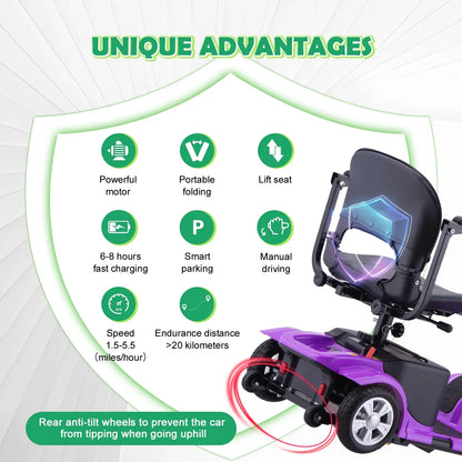 4 Wheels Mobility Scooter for Adults, Senior Electric Powered Chargeable Device for Travel, Lightweight and Portable, with LED Headlights and Basket, Charger Included (Purple)
