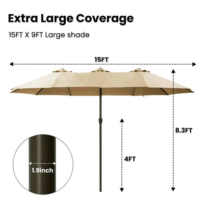 Greforg 15FT Triple Outdoor Patio Umbrella with Base Included  Vented Canopy, Waterproof  UV Protection, Ideal for Garden, Deck, Poolside, and Restaurant Beige